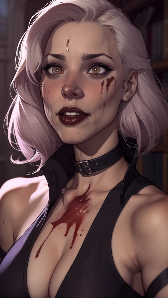 a drawing of a woman with blood on her face and a bloody collar, charlie bowater art style, arte do personagem Charlie Bowater, lois van rossdraws, Ross Draws 1. 0, female vampire, Carmilla Vampira, artgerm e rossdraws, style of charlie bowater, Vampire girl, Ross Draws 2. 0, Retrato de RossDraws, vampire portrait