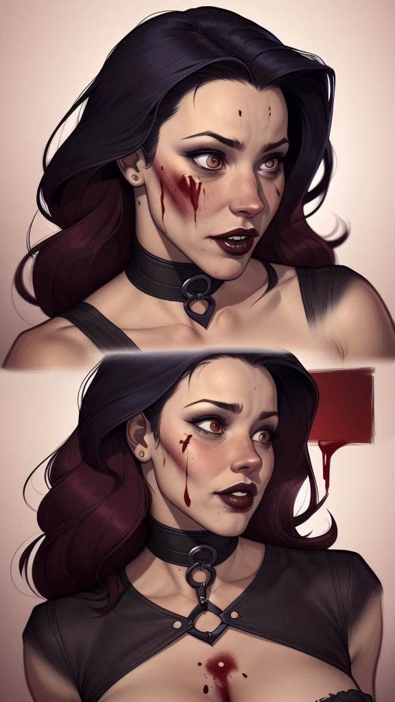 a drawing of a woman with blood on her face and a bloody collar, charlie bowater art style, arte do personagem Charlie Bowater, lois van rossdraws, Ross Draws 1. 0, female vampire, Carmilla Vampira, artgerm e rossdraws, style of charlie bowater, Vampire girl, Ross Draws 2. 0, Retrato de RossDraws, vampire portrait