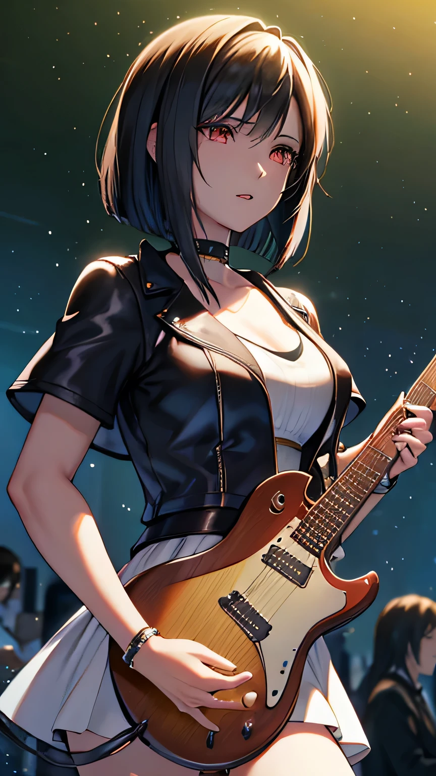 black hair, bob cut, crystal hair, cinematic lighting, ((masterpiece)), accurate, super detail, textured skin, high quality, high details, best quality, highres, Guitarist and band members performing at a live venue, bathed in a multi-colored spotlight, Worn leather jacket, choker