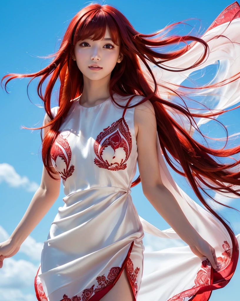 (highest quality, 32k, High resolution, masterpiece:1.5,), Haunting fantasy portrait in abstract style, ((In a swirl of fantastic pastel colors and soft light)), Evoking a sense of soothing tranquility and elusive beauty, Award-winning masterpiece with amazing details, cute japanese woman, perfect human anatomy, big magical eyes, fleeting smile, ((shiny and detailed red hair)), Long straight hair tousled by the wind, Beautiful asymmetrical bangs, hair between eyes, smooth and soft skin, thin eyebrows, clear double eyelids, pale pink lips, ((Wrap your body in a transparent silk cloth)), High resolution perfect clavicle, Beautiful chest in high resolution, Slender body with plump breasts, ((Colorful sparkling light effects:1.3)), Sea of night, full moon, Moonlit, professional lighting, professional photographer, Professional models,mysterious
