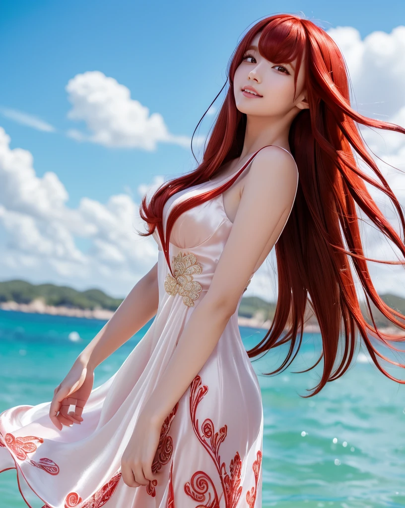 (Highest quality, 32k, High resolution, Masterpiece:1.5), marimo_jet, magnificent々A photograph with brilliant dazzling and healing power., Evoking a sense of calm and elusive beauty, Expressing emotions, Have a rich imagination, Beautiful Japanese Girls, An exceptionally beautiful face, Small Face Beauty, ((whole body:1.2)), Perfect Human Anatomy, Magical big eyes, Motherhood and generosity, Deep Love, fleeting smile, ((Shiny red hair:1.4)), ((Intricately messy super long straight silk hair:1.3)), Asymmetrical bangs, Hair between the eyes, Transparent, soft white skin, Sharp eyebrows, Thin lashes, Natural Makeup, Cheek highlighter, Pale pink detailed lips, ((Bright red dress:1.3)), High resolutionの完璧な鎖骨, High resolutionの美しい胸元, Slim figure with ample breasts, High resolutionの美しい太もも, ((Beautiful blue sky background:1.2)), Professional Lighting, Professional photographer, Professional models, mysterious