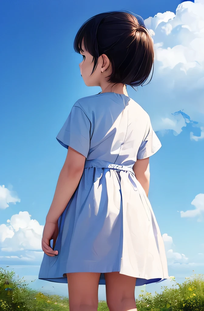 (masterpiece, 最high quality, high quality, High resolution:1.4)Hayao Miyazaki,Back view，Children，cloud，blue sky