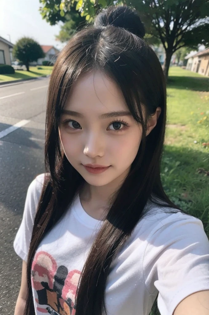 Portrait of Ichikaji, beautiful girl, Medium chest ((20-year-old girl)), ((SFW)), View your viewers, ((Outdoor)), T-Shirts, Jean