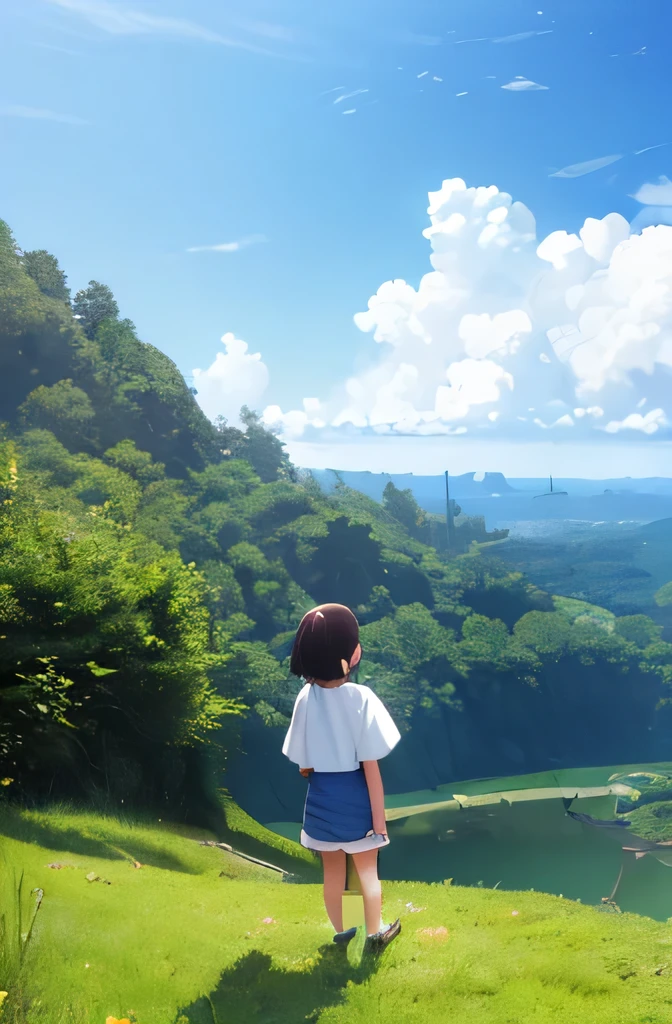 (masterpiece, 最high quality, high quality, High resolution:1.4)Hayao Miyazaki,Back view，Children，cloud，blue sky