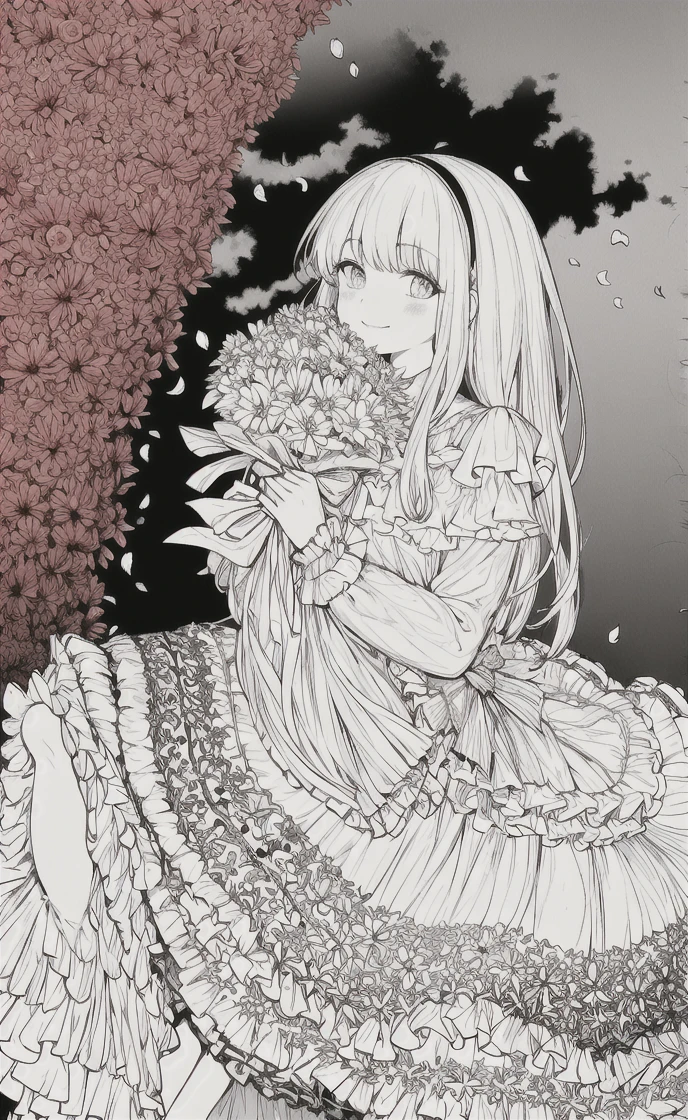 masterpiece, best quality, 1girl, solo, long_hair, looking_at_viewer, smile, bangs, skirt, shirt, long_sleeves, hat, dress, bow, holding, closed_mouth, flower, frills, hair_flower, petals, bouquet, holding_flower, center_frills, bonnet, holding_bouquet, flower field, flower field, lineart, monochrome,