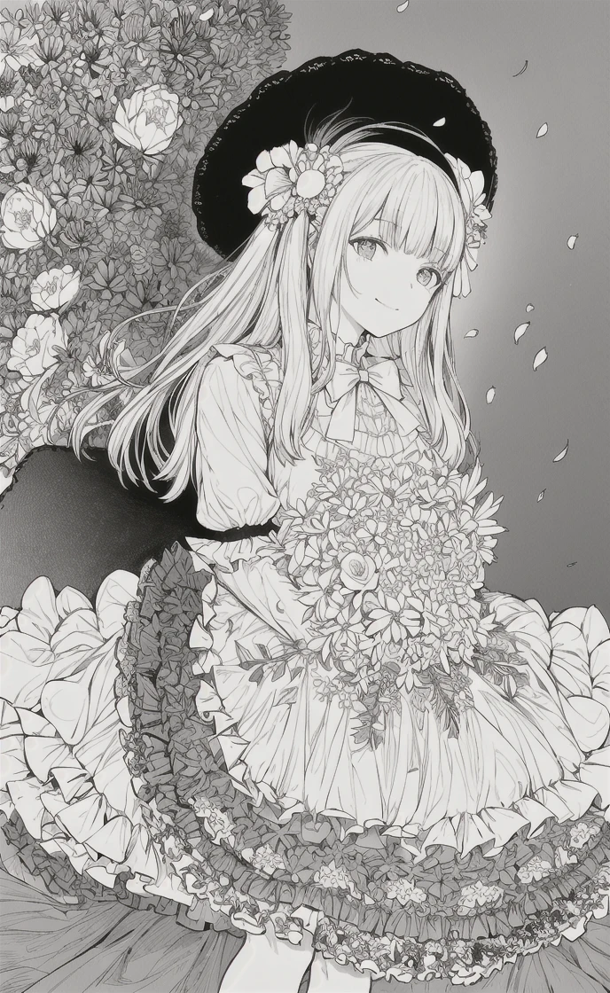 masterpiece, best quality, 1girl, solo, long_hair, looking_at_viewer, smile, bangs, skirt, shirt, long_sleeves, hat, dress, bow, holding, closed_mouth, flower, frills, hair_flower, petals, bouquet, holding_flower, center_frills, bonnet, holding_bouquet, flower field, flower field, lineart, monochrome, 