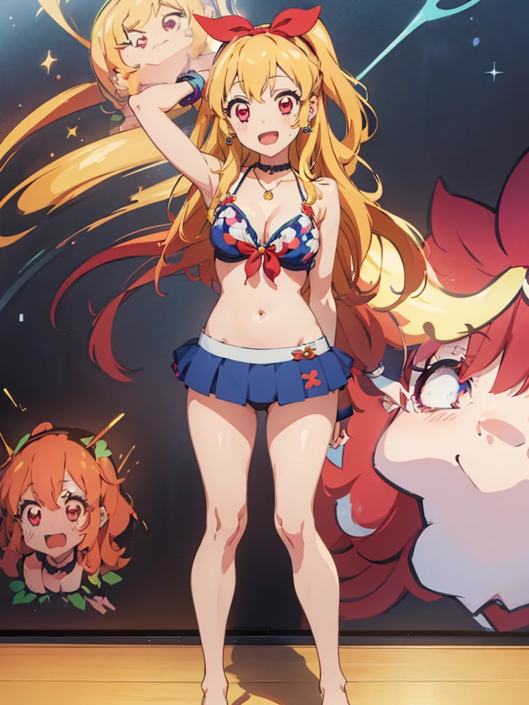 a cartoon image of an anime girl with big tits and a bikini, 1girl, kitagawa marin, swimsuit, bikini, blonde hair, solo, black bikini, long hair, floral print, breasts, print bikini, barefoot, jewelry, feet, soles, piercing, choker, open mouth, navel, necklace, earrings,Marin Kitagawa ,Ichigo Hoshimiya (Aikatsu!),lol_i