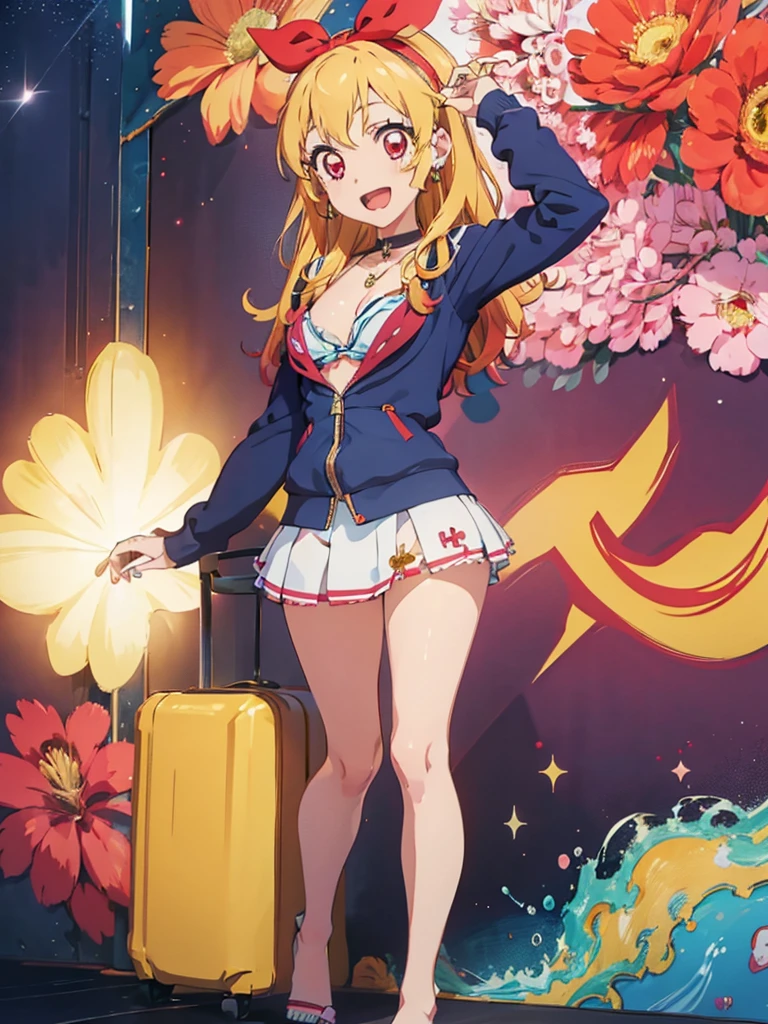 a beautiful female nurse kneeling in a hospital, dressed in nurse's uniform, 1girl, nurse, breasts, nurse cap, solo, blonde hair, thighhighs, cleavage, smile, choker, large breasts, long hair, red eyes, looking at viewer, hat, kitagawa marin, jewelry, black choker, black thighhighs, grin, earrings, piercing, ear piercing, bangs, collarbone,Marin Kitagawa ,Ichigo Hoshimiya (Aikatsu!),lol_i