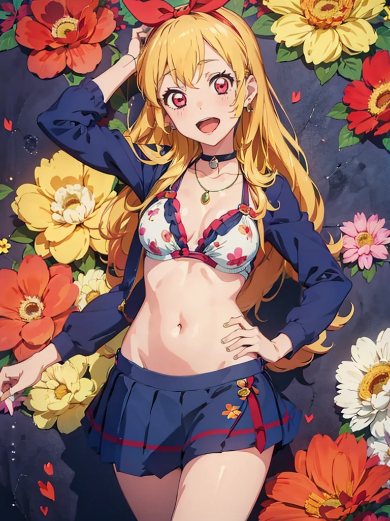 a cartoon image of an anime girl with big tits and a bikini, 1girl, kitagawa marin, swimsuit, bikini, blonde hair, solo, black bikini, long hair, floral print, breasts, print bikini, barefoot, jewelry, feet, soles, piercing, choker, open mouth, navel, necklace, earrings,Marin Kitagawa ,Ichigo Hoshimiya (Aikatsu!),lol_i