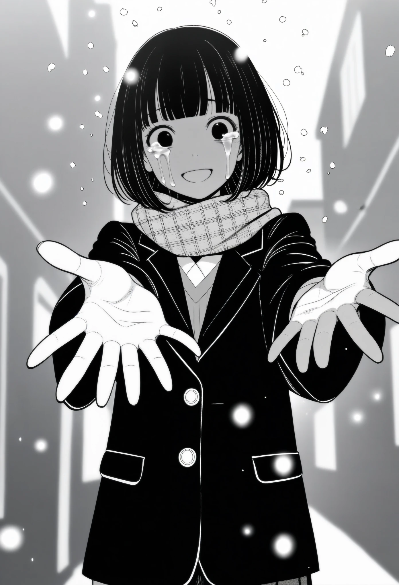 masterpiece, best quality, 1girl, mamerakkkkko, grayscale, manga style, japanese, chi no wadachi, black eyes, street, iced, black hair, schoolbag, smile, lineart, black coat, black scarf, black pleated skirt, leggins, centered, 18 years old, tall, fair skinned, bokeh background, crying, tears, tears streaming, bob cut, light particles, centered, snowing, (((reaching one hand toward viewer, reaching out one hands towards the viewer)))
