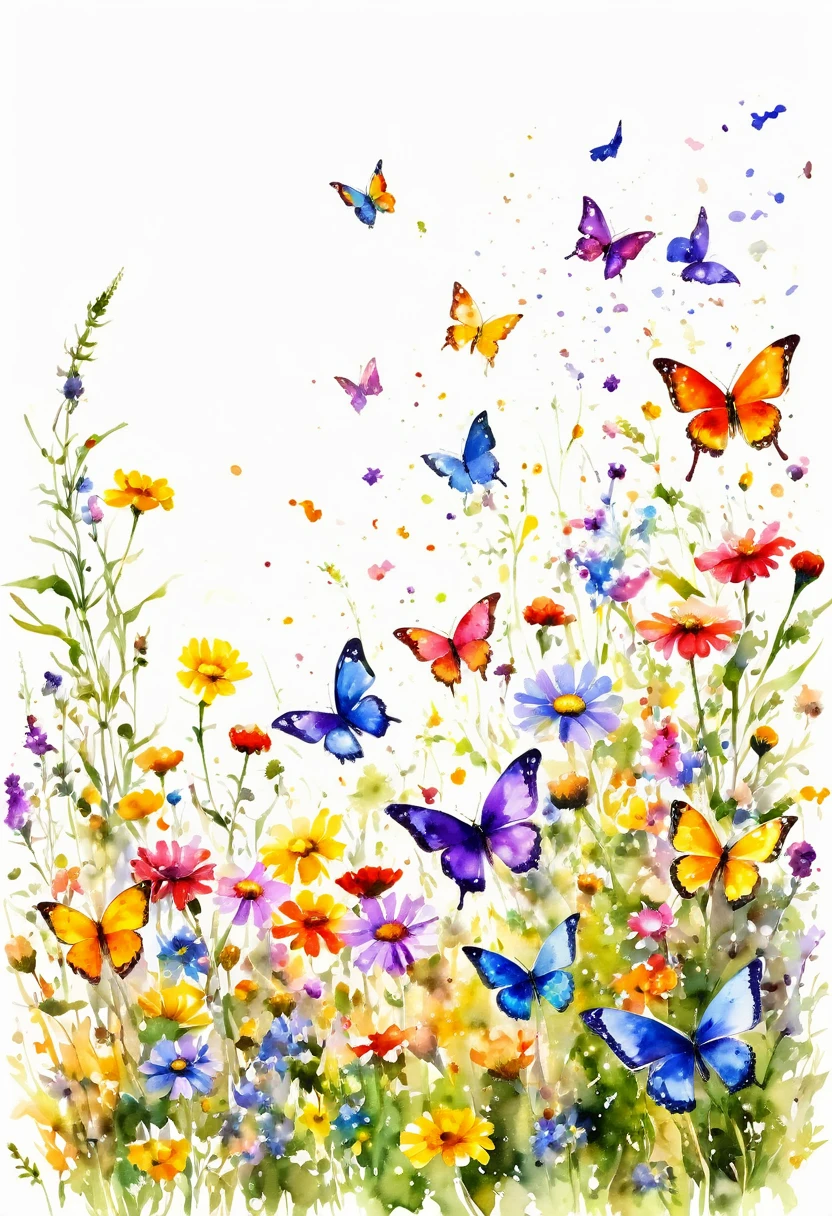 watercolor paint of butterflies extremely vivid variety of colors ,flying over a field of wild flowers ,vivid joy image white background