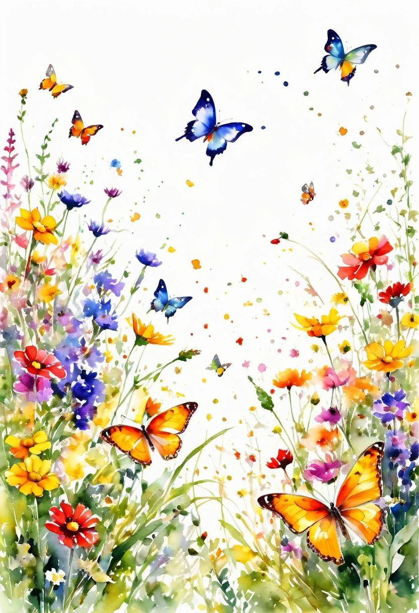 watercolor paint of butterflies extremely vivid variety of colors ,flying over a field of wild flowers ,vivid joy image white background