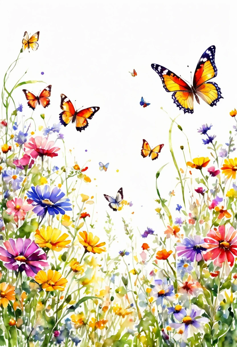 watercolor paint of butterflies extremely vivid variety of colors ,flying over a field of wild flowers ,vivid joy image white background
