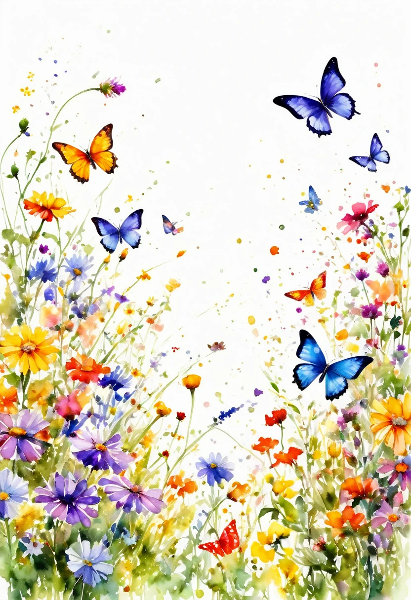 watercolor paint of butterflies extremely vivid variety of colors ,flying over a field of wild flowers ,vivid joy image white background