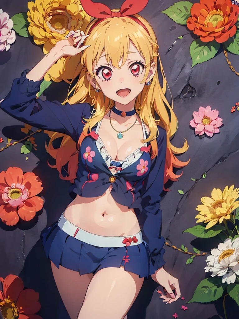a beautiful female nurse kneeling in a hospital, dressed in nurse's uniform, 1girl, nurse, breasts, nurse cap, solo, blonde hair, thighhighs, cleavage, smile, choker, large breasts, long hair, red eyes, looking at viewer, hat, kitagawa marin, jewelry, black choker, black thighhighs, grin, earrings, piercing, ear piercing, bangs, collarbone,Marin Kitagawa ,Ichigo Hoshimiya (Aikatsu!),lol_i