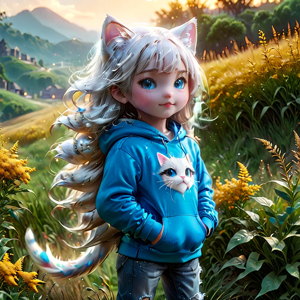 best quality, detailed, hyper detailed, beautiful, 8K, absurdres, village, a kitty, happy, smiling, standing, looking to the right, white hair, blue eyes, chibi, plump, hoodie, jeans, 5--old, the grassland, in the afternoon, fantasy, photorealistic, ultra realistic photo, 3D render, anthropomorphism, full body shot, on right, wide view, rule of thirds, midday, shining lights, dramatic lighting, volumetric lighting, depth of field, dramatic contrast, DarkGoldenrod