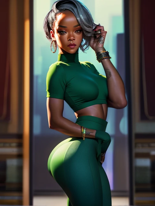 hyper realist, cinematographic,(Rihanna), green Essnce High Waist Leggings, silver shirt, portraite, gazing at viewer, 独奏, breasts big, thick-thighs, Curvy hips, big buttocks