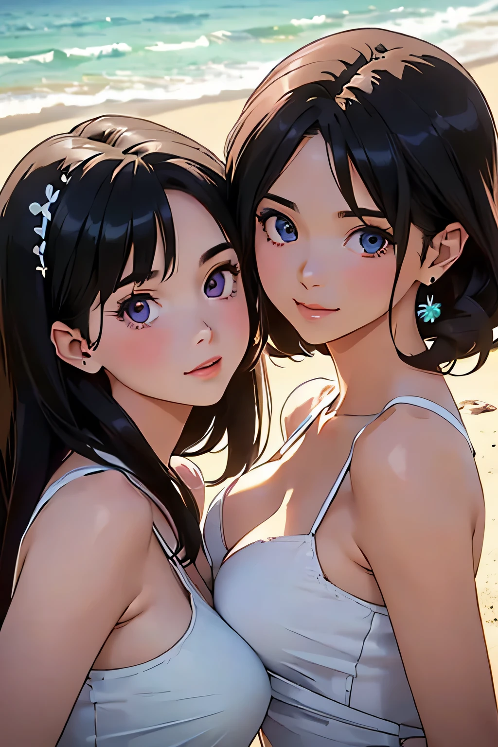 Highest quality、High resolution、Detailed Background、(Beautiful face in every detail:1.4)、Anatomically correct、Hide your fingers、(Detailed facial expressions)、(Detailed eyes:1.2)、Beautiful women in their 20s、(Highly detailed face:1.4)、(Huge breasts:1.2)、Cute hair colour、Bobcut、ponytail、Long Hair、Wavy Hairstyle、well-groomed eyebrows、Cute Eye Makeup、Cute Lip Makeup、Perfect body line、smile、Summer dresses give you a sexy and elegant look.、(Two beautiful girls looking at you with happy expressions:1.5)、Sandy Beach、Outdoor、very beautiful、Cute gestures