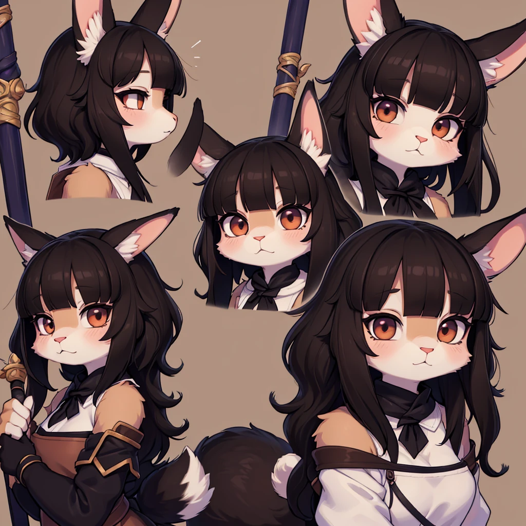Rabbit anime girl with black fur, cute and a little tired brown eyes, anime Dungeon meshi, medium black wavy hair with bangs, wearing an exploration outfit, 21 years old, in various angles, cute, holding a magic staff, Furry rabbit, furry rabit, big eyes, hybrid