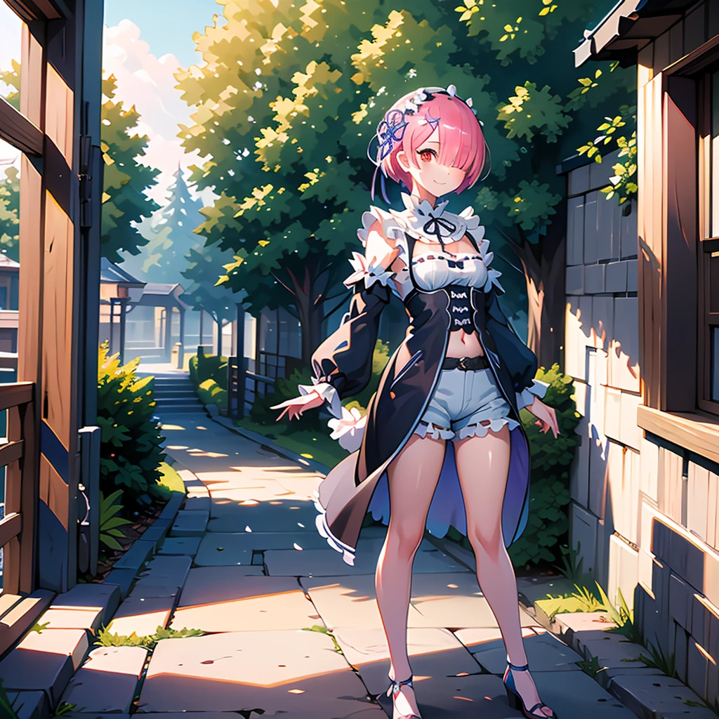 masterpiece, best quality, highres, ram1, 1girl, solo, rem \(re:zero\), pink hair, short hair, red eyes, hair over one eye, ribbon trim, hair ribbon, x hair ornament, frills, crop top white, denim shorts,medium breasts, cleavage, , hair flower, outdoor s, standing, smile, perfect background, perfect light