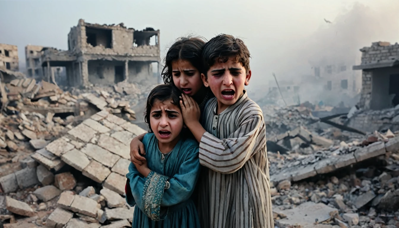 Make a picture of a scene suitable for the cover of a YouTube music video, 2 small Palestinian children, a boy and a girl in worn and damaged traditional clothes, crying under the rubble. The model of a small crying, tears flowing, clothes torn and torn, facial expressions of fear. The background of destroyed buildings is foggy, smoky, dark and dusty, showing a tense atmosphere. (image suitable for music video covers), (8k, cinematic, realistic and detailed, focused)