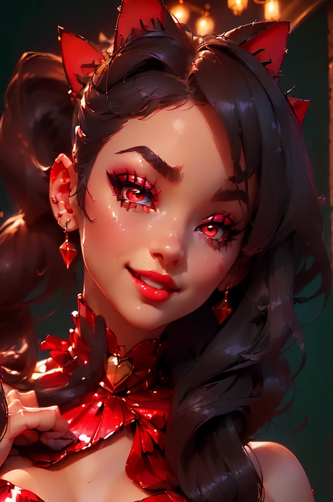 ((point of view)), ((junkotvv)) ((cat ears)), ((in love, she is in love, she loves the viewer))((romantic dinner date, champagne, Canddles)) ((tall and sexy russian supermodel)) ((beautiful face)) ((wide and happy smile)) ((bright red lipstick)) ((very dark eyeshadow makeup)) ((Big bright red eyes)) ((very long and messy black hair, fringe)) (()) ((very big chest:1.5)) ((perfect slim body torso1.3)) ((she is wearing a red strapless sequin dress)) ((red choker, earrings, red stockings)) (())((Inside the dark room sit on a chair having a romantic dinner, many Canddles around))(high resolution, DYNAMIC SHADOWS)((photorealistic:1.5)) ((Masterpiece:1.3)) (8k) (Perfect face) ((Best Quality:1.4)) (Perfect hands and eyes)