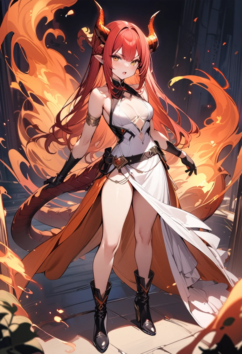 (masterpiece:1.2), (highest quality:1.2), 1girl, fire, solo, tail, horns, dragon-tail, dragon-girl, orange-hair, gloves, dress, holding-polearm, dragon-horns, white-dress, looking-at-viewer, black-gloves, standing, bare-shoulders, full-body, red-hair, bangs, open-mouth, armlet, breasts, brown-eyes, scales, small-breasts, black-footwear, fiery-hair, hair-between-eyes, sleeveless, skirt, sleeveless-dress, jewelry, v-shaped-eyebrows, boots, orange-skirt
