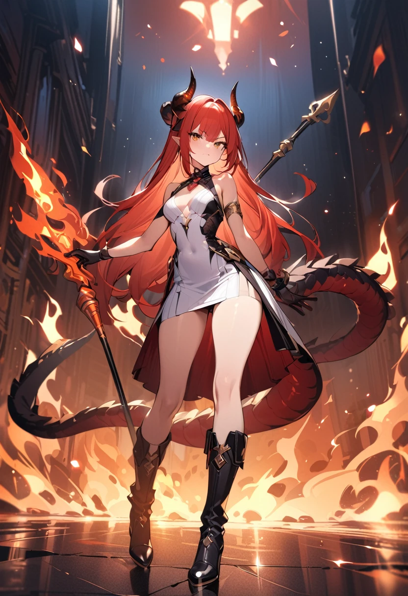 (masterpiece:1.2), (highest quality:1.2), 1girl, fire, solo, tail, horns, dragon-tail, dragon-girl, orange-hair, gloves, dress, holding-polearm, dragon-horns, white-dress, looking-at-viewer, black-gloves, standing, bare-shoulders, full-body, red-hair, bangs, open-mouth, armlet, breasts, brown-eyes, scales, small-breasts, black-footwear, fiery-hair, hair-between-eyes, sleeveless, skirt, sleeveless-dress, jewelry, v-shaped-eyebrows, boots, orange-skirt

