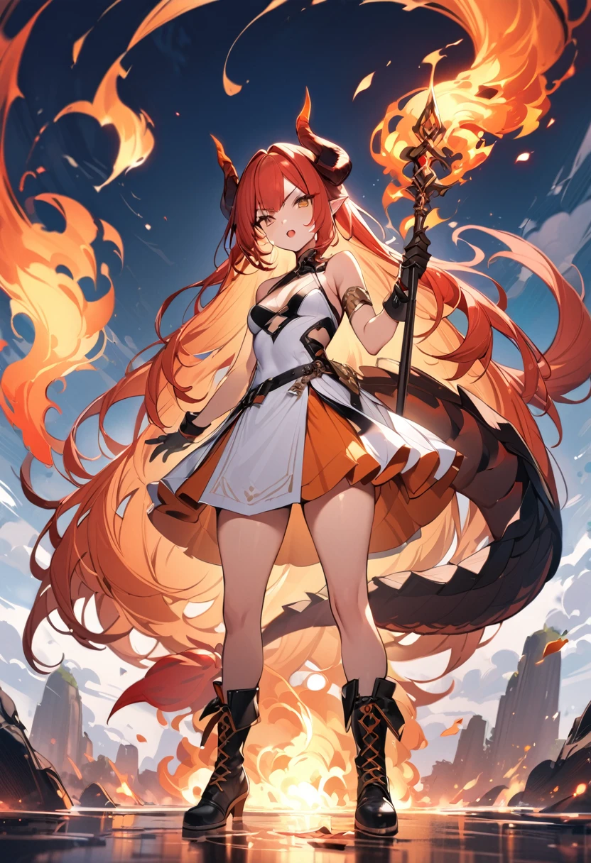 (masterpiece:1.2), (highest quality:1.2), 1girl, fire, solo, tail, horns, dragon-tail, dragon-girl, orange-hair, gloves, dress, holding-polearm, dragon-horns, white-dress, looking-at-viewer, black-gloves, standing, bare-shoulders, full-body, red-hair, bangs, open-mouth, armlet, breasts, brown-eyes, scales, small-breasts, black-footwear, fiery-hair, hair-between-eyes, sleeveless, skirt, sleeveless-dress, jewelry, v-shaped-eyebrows, boots, orange-skirt