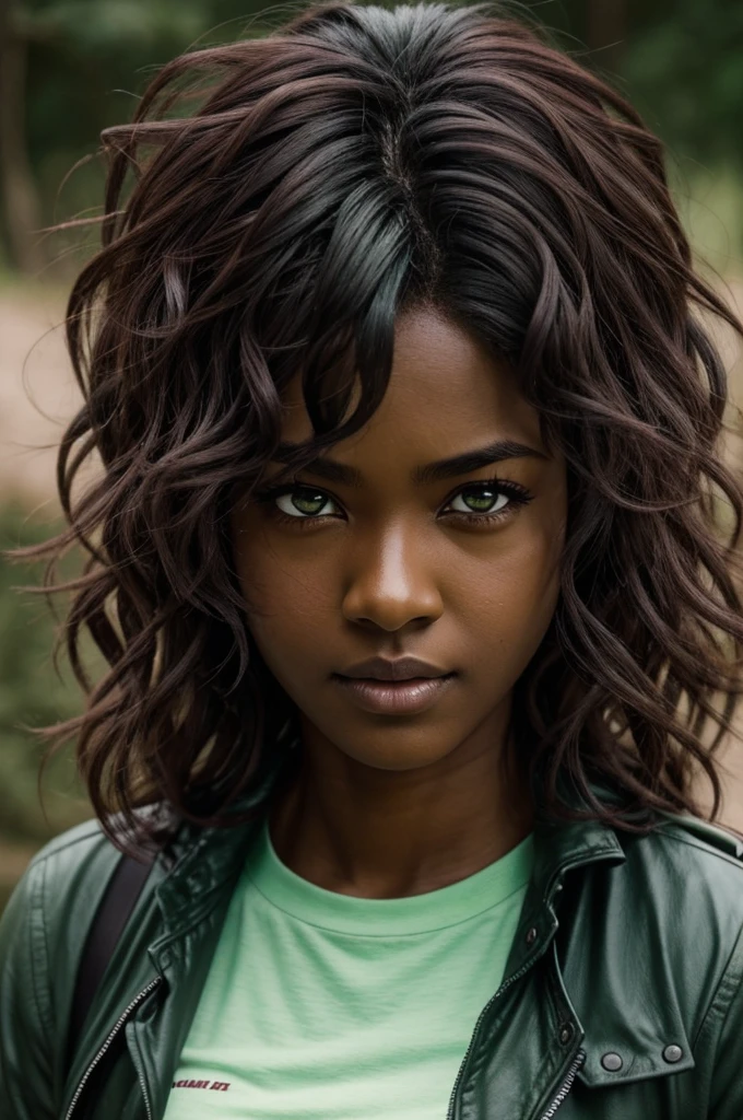 Chainsaw Man manga panel screenshot, female character, dark-skinned, dark green eyes, long eyelashes, dark brown curly hair.
