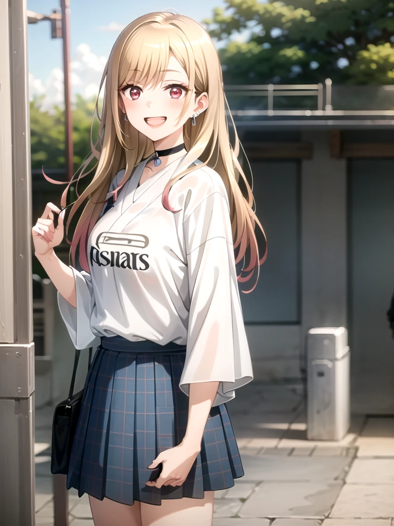 ((masterpiece, best quality)), yukata, japan, cherry blossoms, best quality, (masterpiece:1.2), detailed, kitagawa marin sb, 1girl, solo, open mouth, grin, smile, long hair, blonde hair, red eyes, multicolored hair, earrings, wearing a white Real Madrid tshirt, choker, white Real Madrid tshirt, pleated skirt, blue skirt, standing, looking at the viewer, outdoors,