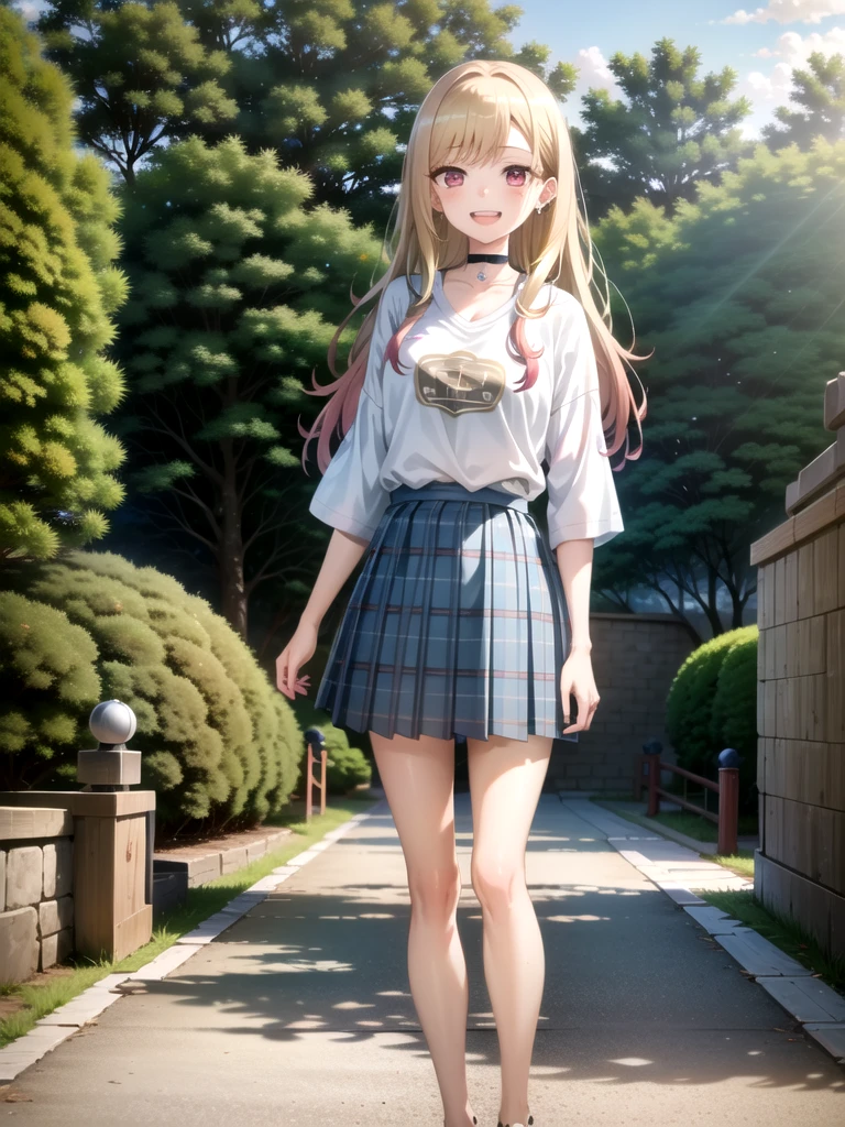 ((masterpiece, best quality)), yukata, japan, cherry blossoms, best quality, (masterpiece:1.2), detailed, kitagawa marin sb, 1girl, solo, open mouth, grin, smile, long hair, blonde hair, red eyes, multicolored hair, earrings, wearing a white Real Madrid tshirt, choker, white Real Madrid tshirt, pleated skirt, blue skirt, standing, looking at the viewer, outdoors,