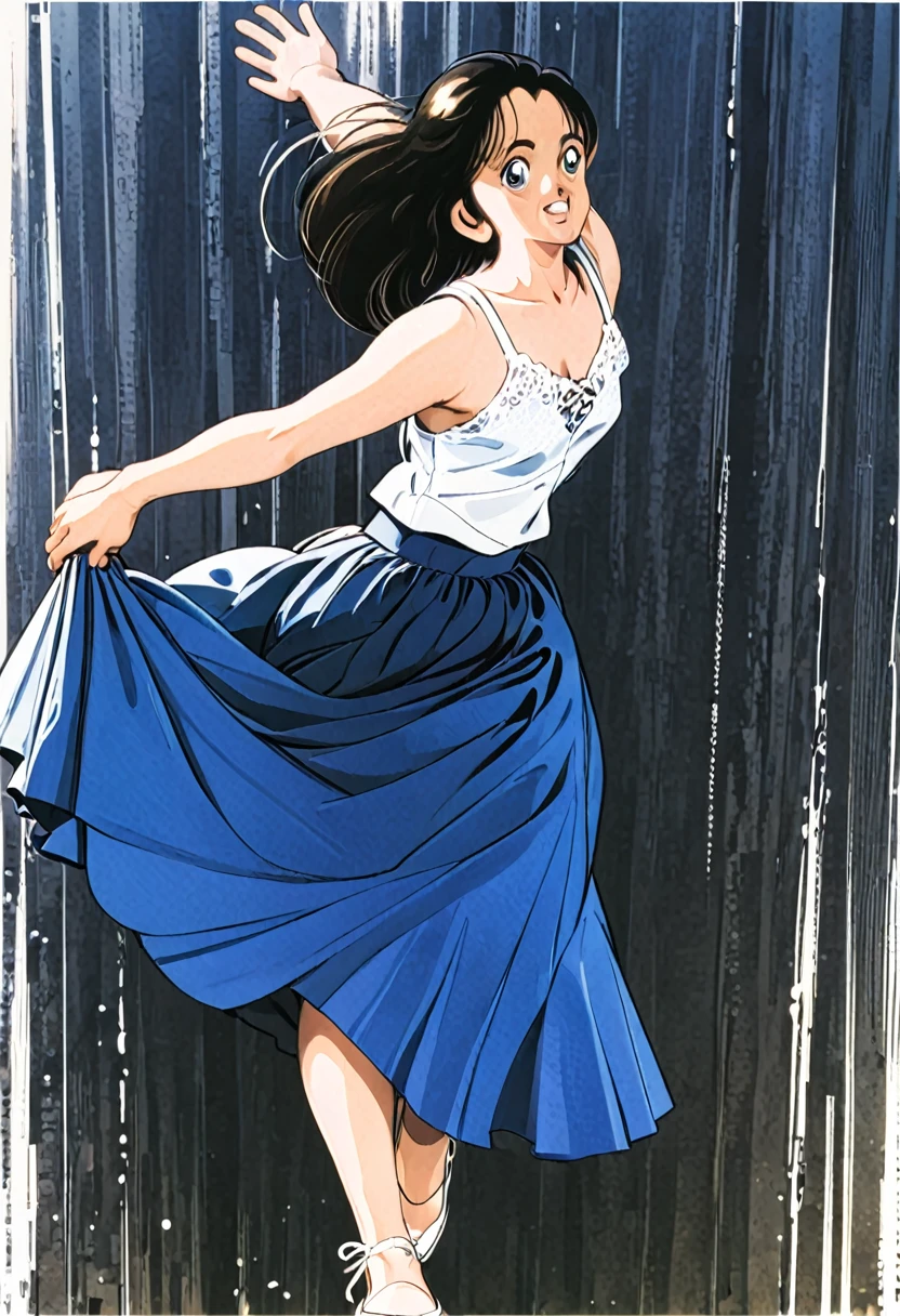 音無響子制服のLong skirt、The color is dark blue、
Low - Angle、制服のLong skirt、The color is dark blue、
Low - Angle、Long skirt、Hold down your skirt that is being blown up by the strong wind、Anime white panties in a strong wind、Crotch is visible
ローレグのパンツ、Color: White、
Crotch is visible、
、Lined、White lace lining、