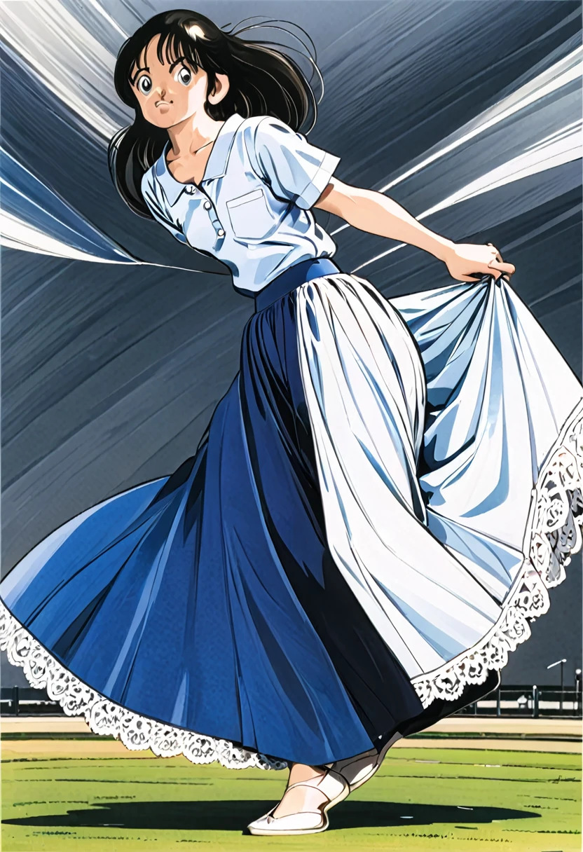 音無響子制服のLong skirt、The color is dark blue、
Low - Angle、制服のLong skirt、The color is dark blue、
Low - Angle、Long skirt、Hold down your skirt that is being blown up by the strong wind、Anime white panties in a strong wind、Crotch is visible
ローレグのパンツ、Color: White、
Crotch is visible、
、Lined、White lace lining、
