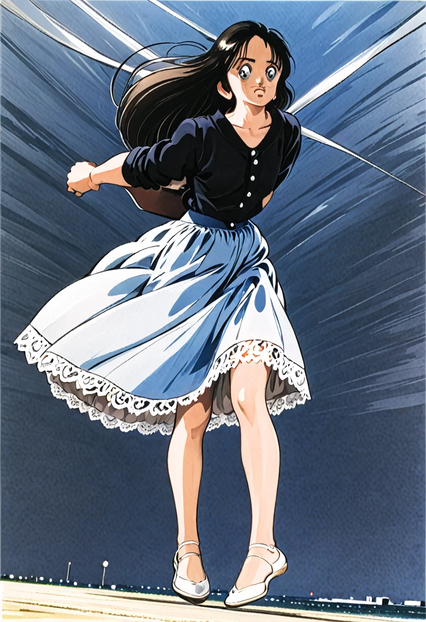 音無響子制服のLong skirt、The color is dark blue、
Low - Angle、制服のLong skirt、The color is dark blue、
Low - Angle、Long skirt、Hold down your skirt that is being blown up by the strong wind、Anime white panties in a strong wind、Crotch is visible
ローレグのパンツ、Color: White、
Crotch is visible、
、Lined、White lace lining、