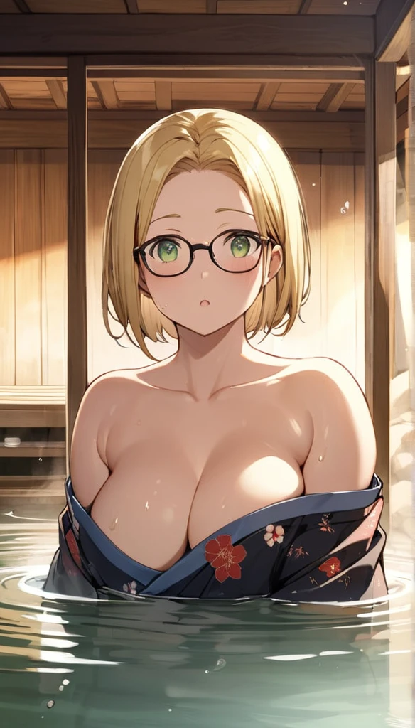 chubby girl, blonde, green eyes, medium length hair, open forehead, without bangs, glasses with black square frames Japanese clothing style, ancient japan, bare chest
water, sauna