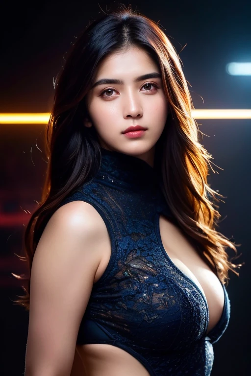 A confident-looking indian with long flowing hair, looking at viewer,hazel eyes, cyber background blue and red light, perfect composition, hyperrealistic, super detailed, 8k, high quality, trending art, trending on artstation, sharp focus, studio photo, intricate details, highly detailed,