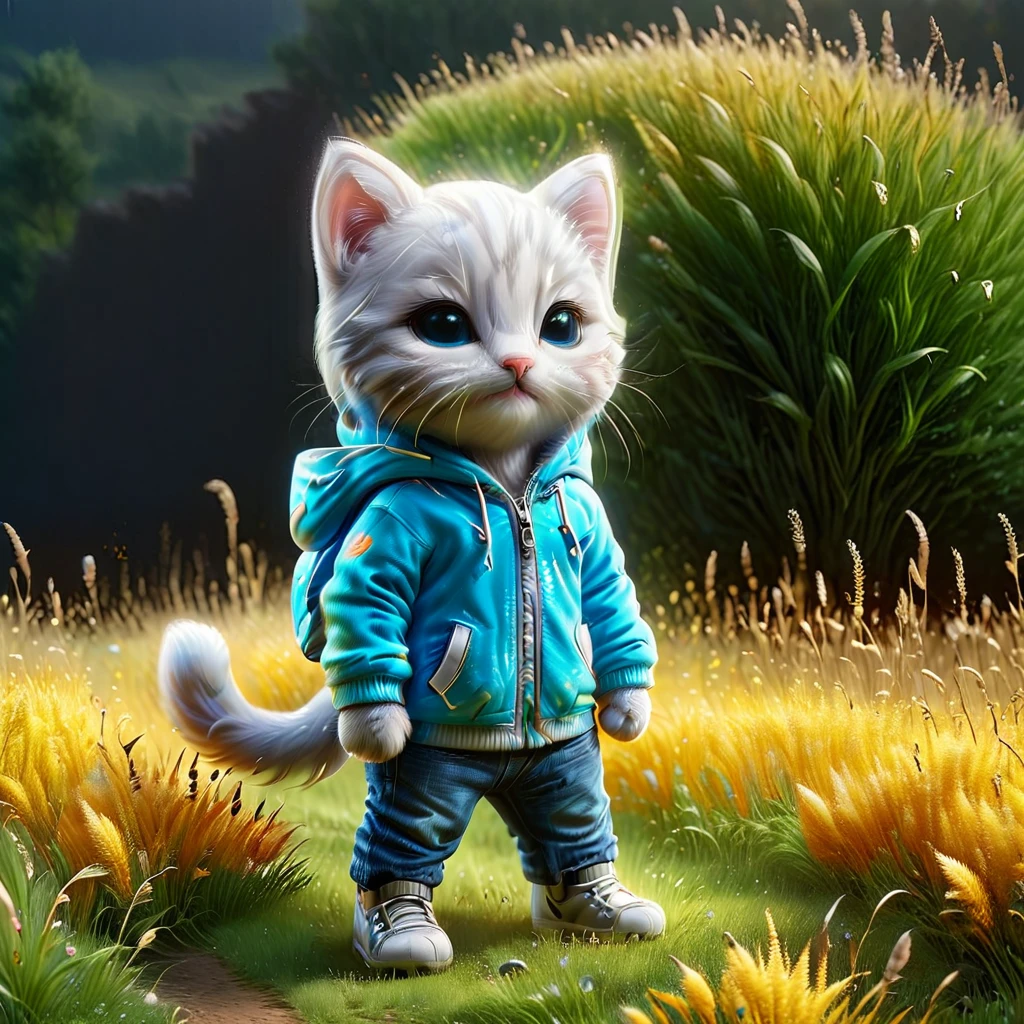 best quality, detailed, hyper detailed, beautiful, 8K, absurdres, village, a kitty, happy, smiling, standing, looking to the right, white hair, blue eyes, chibi, plump, hoodie, jeans, 5-year-old, in the grassland, in the afternoon, fantasy, photorealistic, ultra realistic photo, 3D render, anthropomorphism, full body shot, on right, wide view, rule of thirds, midday, shining lights, dramatic lighting, volumetric lighting, depth of field, dramatic contrast, DarkGoldenrod