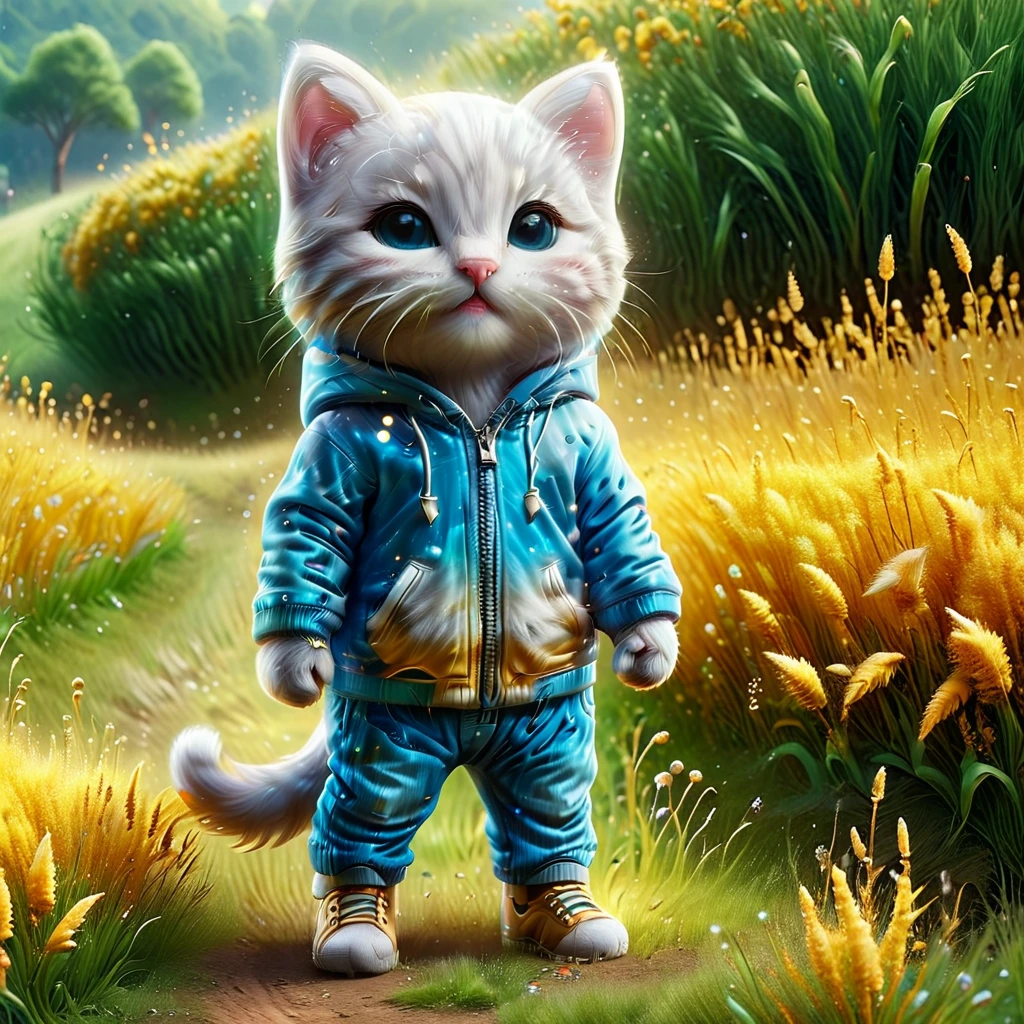 best quality, detailed, hyper detailed, beautiful, 8K, absurdres, village, a kitty, happy, smiling, standing, looking to the right, white hair, blue eyes, chibi, plump, hoodie, jeans, 5-year-old, in the grassland, in the afternoon, fantasy, photorealistic, ultra realistic photo, 3D render, anthropomorphism, full body shot, on right, wide view, rule of thirds, midday, shining lights, dramatic lighting, volumetric lighting, depth of field, dramatic contrast, DarkGoldenrod