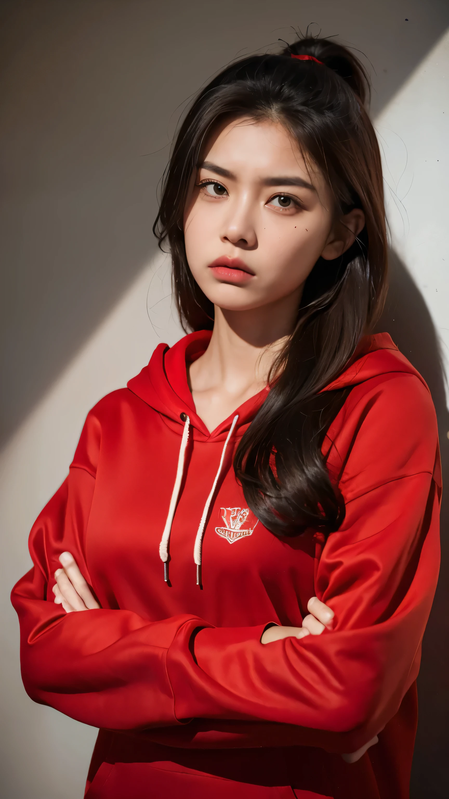 woman 19 years old with arms crossed on ches looking at camera with serious expression, intimidating woman, young angry woman, serious and stern expression, t, angry looking at camera, bold serious expression, strong facial expression, frowning expression, with serious face expression, arms folded, irritated expression, wearing red hoodie. medium breast