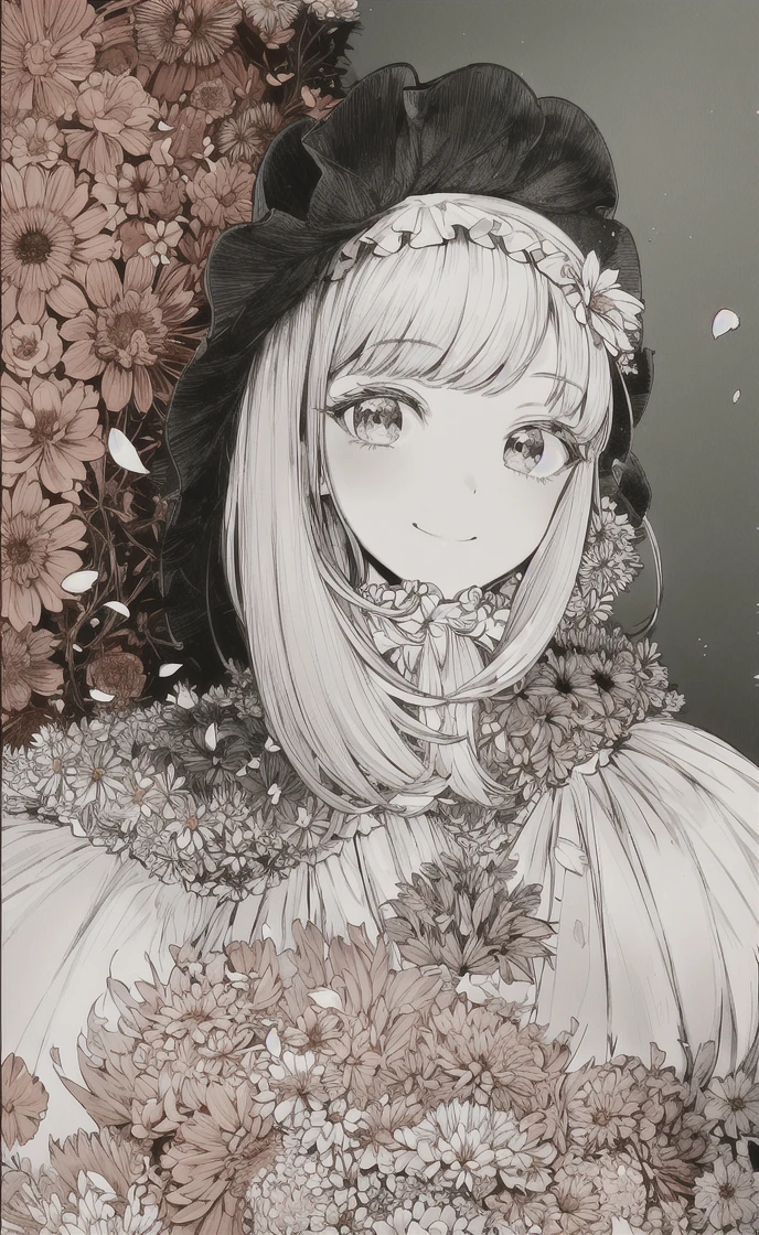 masterpiece, best quality, 1girl, solo, long_hair, looking_at_viewer, smile, bangs, skirt, shirt, long_sleeves, hat, dress, bow, holding, closed_mouth, flower, frills, hair_flower, petals, bouquet, holding_flower, center_frills, bonnet, holding_bouquet, flower field, flower field, lineart, monochrome,