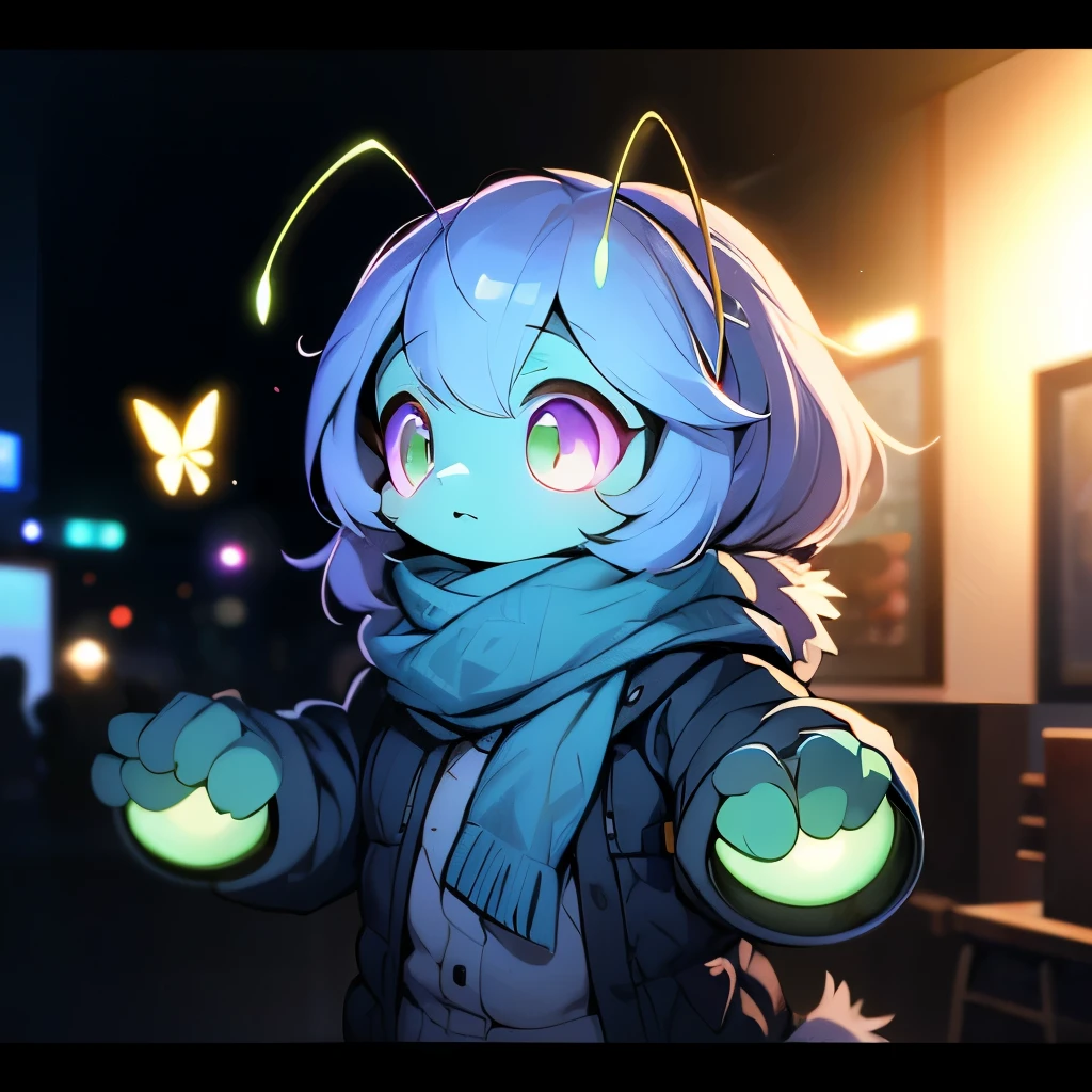 A little glow worm, large glowing goggles, glowing bug antenna, large fur scarf, four arms, short and stout, bug-like face, mandibles, chibi bug person, 1 character, ultra-detailed, 8k, highres, photorealistic, masterpiece, vibrant colors, cinematic lighting, concept art