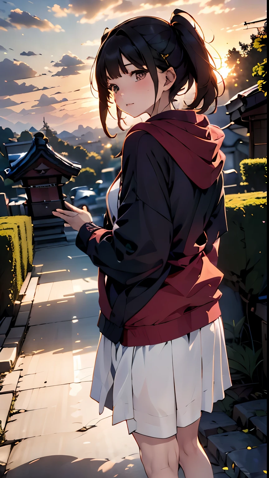 One Girl, (Sunset sky), Standing and waving, School Area, Countryside landscape, scenery, School Cardigan, (Sleeves are longer than the wrist), Powerful loafers, Black ash two side up hair, Blunt bangs, Beautiful dark eyes, Black knee socks, Cinema Lighting, Upper Body, :3,Long staircase、torii、A prestigious shrine