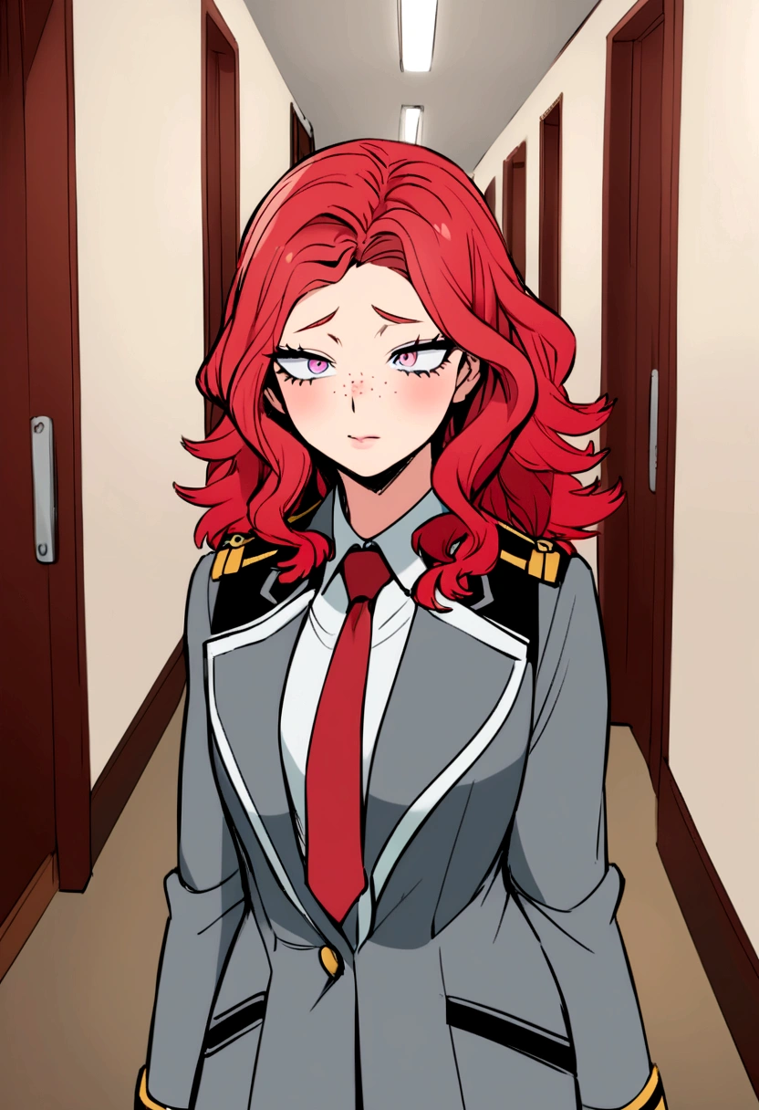 My Hero Academia Capture, beautiful woman with freckles, Red hair, wavy pink tips, pink eyes, long eyelashes, nose ring, blushing expression, wearing uniform gray coat red tie, school hallway in the background