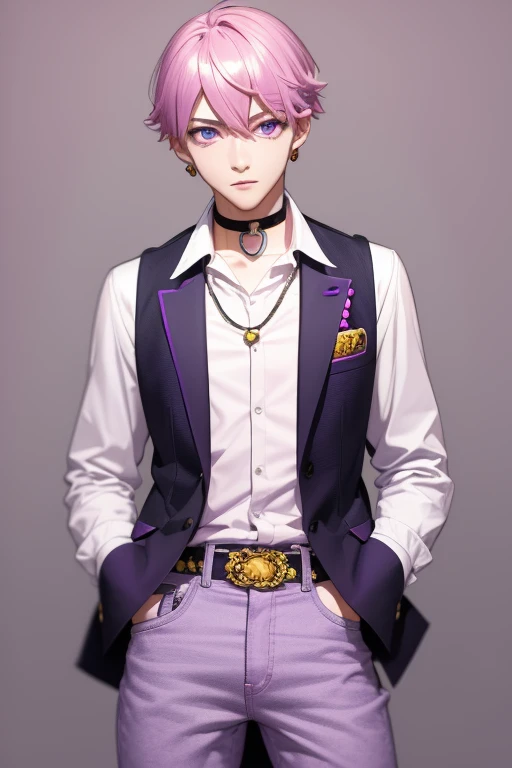 Gumball Handsome 18 year old boy with pale pink hair, pale pink skin, pierced ears, purple eyes, pale purple open jean vest, white shirt with candy print, black belt, red jeans, necklace with blue gem, looking directly at the viewer. a white background.