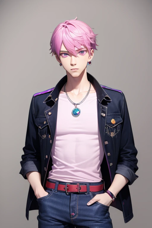 Gumball Handsome 18 year old boy with pale pink hair, pale pink skin, pierced ears, purple eyes, pale purple open jean vest, white shirt with candy print, black belt, red jeans, necklace with blue gem, looking directly at the viewer. a white background.