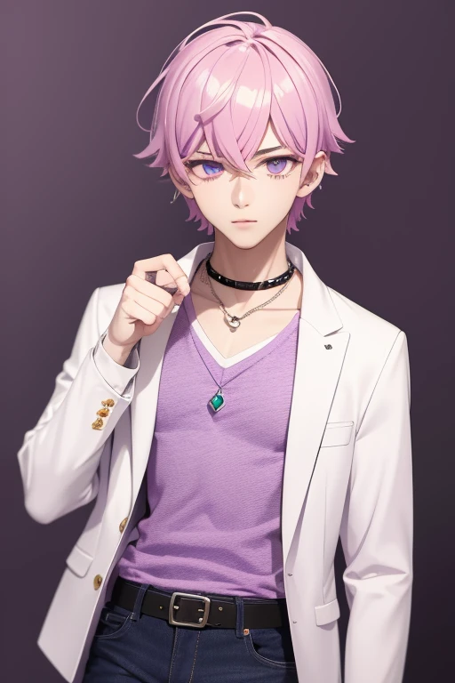 Gumball Handsome 18 year old boy with pale pink hair, pale pink skin, pierced ears, purple eyes, pale purple open jean vest, white shirt with candy print, black belt, red jeans, necklace with blue gem, looking directly at the viewer. a white background.