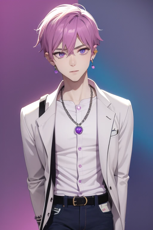 Gumball Handsome 18 year old boy with pale pink hair, pale pink skin, pierced ears, purple eyes, pale purple open jean vest, white shirt with candy print, black belt, red jeans, necklace with blue gem, looking directly at the viewer. a white background.