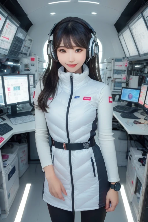 masterpiece, Highest quality, Very detailed, 8K Portrait,Japanese Android Girl,plump , Control panel,Robotic arms and legs, Blunt bangs,,break (Metallic Gray, Metallic luster, Mirror finish, Astro Best):5,headphone:5,break (Black sleeves):100,Smart Watches,Futuristic space station,Control Room,break headphone,blue eyes,(Black Hair):2,(Long Hair):1.3,Displaying the viewer,(respirator),break blush:3,Hidden Hand,smile