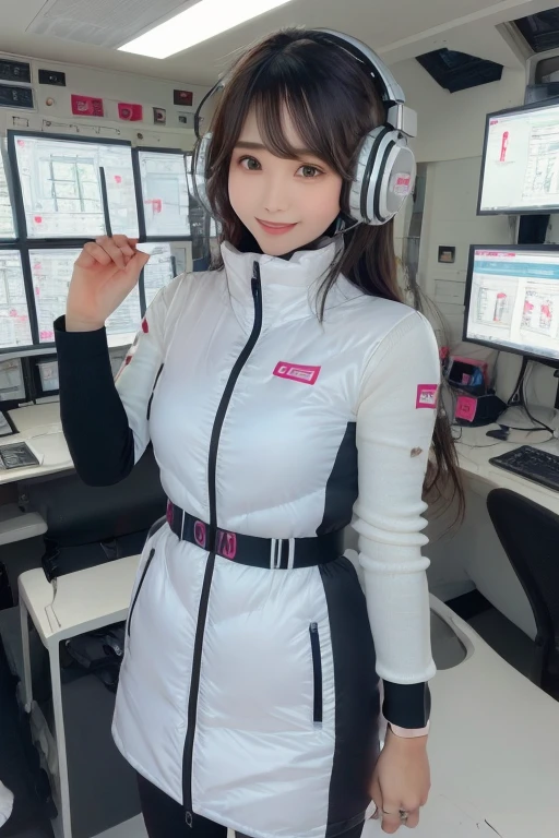 masterpiece, Highest quality, Very detailed, 8K Portrait,Japanese Android Girl,plump , Control panel,Robotic arms and legs, Blunt bangs,,break (Metallic Gray, Metallic luster, Mirror finish, Astro Best):5,headphone:5,break (Black sleeves):100,Smart Watches,Futuristic space station,Control Room,break headphone,blue eyes,(Black Hair):2,(Long Hair):1.3,Displaying the viewer,(respirator),break blush:3,Hidden Hand,smile